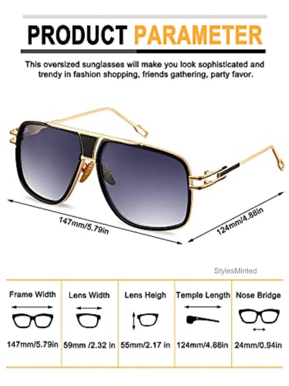 Oversized Retro Square Sunglasses for Men - 3 Pair Set Gold Metal Frame UV